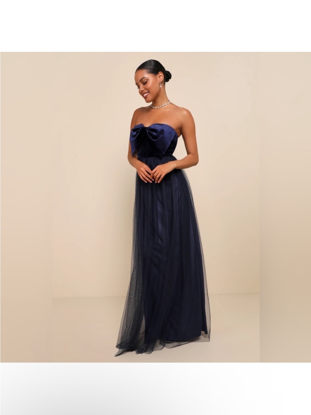 Lulus Strapless Velvet Bow Navy Tulle Formal Evening Gown Womens M